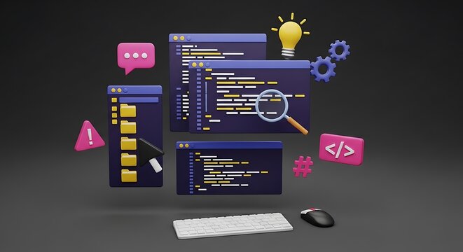 3d rendering of programming code, computer elements, and development tools