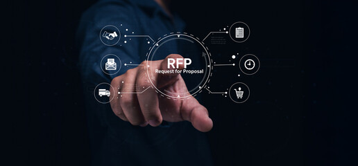 A hand points towards a digital interface displaying "RFP" (Request for Proposal) along with various icons representing business processes.
