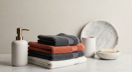 Elegant bathroom still life showcasing soft towels, marble accents, and a minimalistic aesthetic
