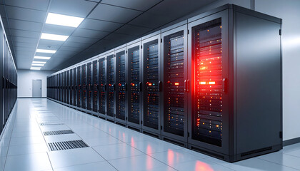 Modern data center corridor filled with rows of powerful server racks glowing with digital activity.