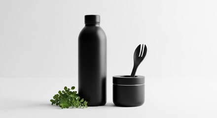 Minimalist matte black food container and water bottle set with subtle botanical accentuation
