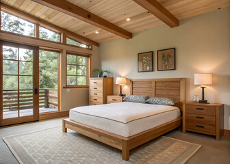 Cozy master bedroom with vaulted wood beam ceiling and large windows overlooking a forested balcony