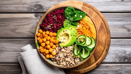 Vibrant Buddha Bowl with Beetroot, Chickpeas, Avocado, and Quinoa on Wooden Surface