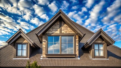 Obraz premium Closeup view of a house roof with dormer windows against a vibrant blue sky with dramatic clouds, showcasing architectural detail