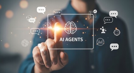 Finger touching AI agents interface with brain and chat icons AI agents artificial intelligence