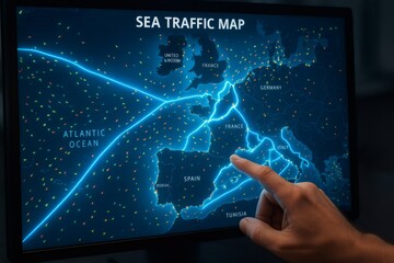 Logistics manager using interactive sea traffic map showing maritime routes and traffic in Europe, Atlantic Ocean, Spain, France, Italy, Germany, Tunisia, United Kingdom