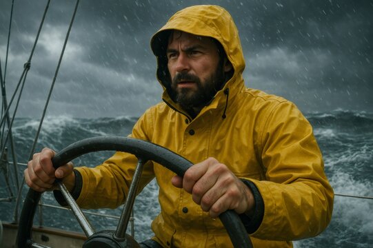 Sailor navigating sailboat through rough sea during intense storm, showcasing resilience and determination