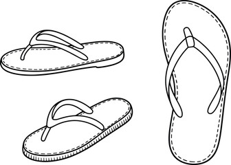 Cad drawing flat vector illustration, flip-flops in multiple views, summer footwear, beach sandals, casual shoes, line art, fashion design