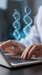 Doctor Using Laptop with Floating DNA Icon, Genetics and Personalized Medicine Technology Concept

