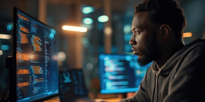 The dedicated programmer enhancing software solutions in a modern workspace at night.