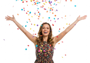 Joyful woman celebrating with falling confetti isolated on transparent background