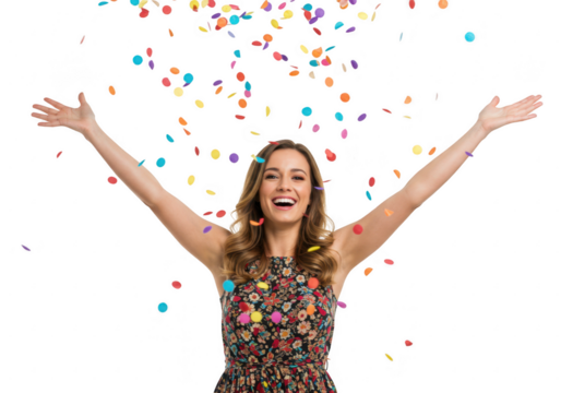 Joyful woman celebrating with falling confetti isolated on transparent background