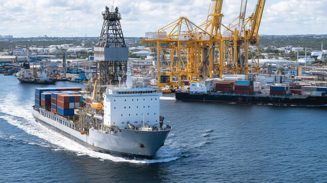 Offshore oil rig surrounded by supply barges and an inbound cargo ship carrying containers of fuel additives and equipment, symbolizing interconnected energy systems