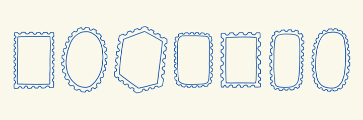 Empty Post Stamp Paper Frame Set. Postal Postcard Border. Vintage Vector Hand Drawn Illustration