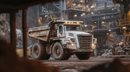 Fototapeta premium Dust-covered truck halts at a loading station within the mine, front grill coated in grime, while machinery and steel beams frame the industrial interior