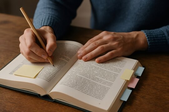 Close up of hands taking notes and highlighting text in textbook using pencil and sticky notes while studying on wooden table