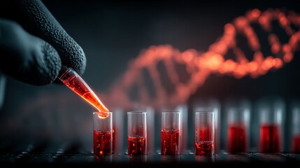 A gloved hand carefully transfers red liquid from a pipette into test tubes in a laboratory,