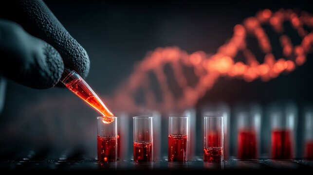 A gloved hand carefully transfers red liquid from a pipette into test tubes in a laboratory,