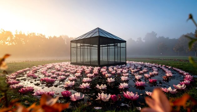 Gazebo Surrounded by Water Lilies in Foggy Morning Park