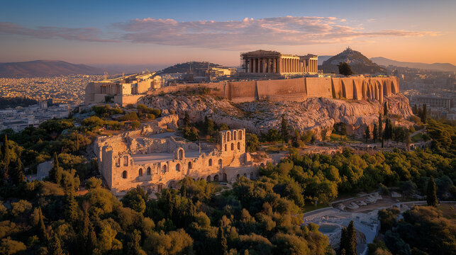 Acropolis in Athens under dramatic golden light