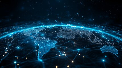 A global digital network encompassing planet Earth, with bright blue streams of light symbolizing connections and information exchange.