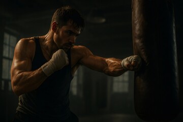 Determined male boxer throwing powerful punch at heavy bag during intense workout session in gritty, dimly lit gym