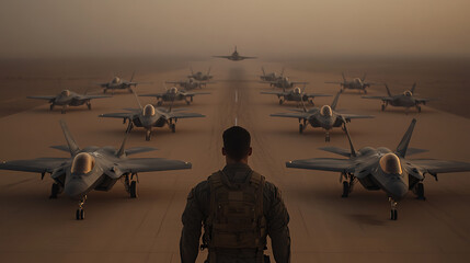 Aircraft lined up on the runway, pilot looks on. Fighter jets in the desert, ready for action. Military might on display. Strength and technology.