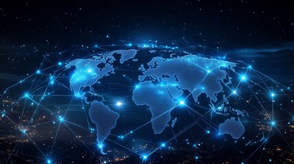 Fototapeta premium A global digital network encompassing planet Earth, with bright blue streams of light symbolizing connections and information exchange.