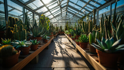 Wide shot of a sun-drenched greenhouse aisle filled with a variety of cacti and succulents in terracotta pots under a glass roof