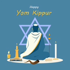 Yom kippur happy man praying, vector art illustration.