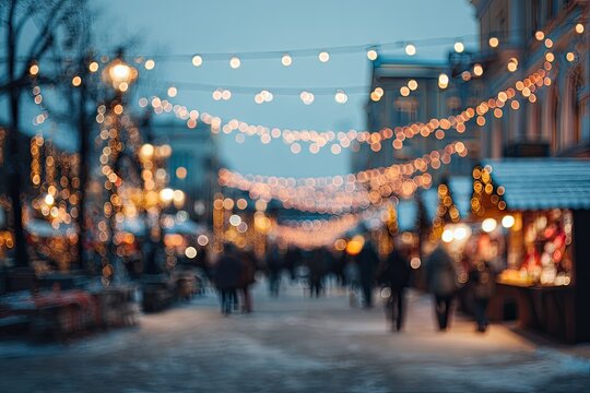 Blurred Christmas market scene at twilight