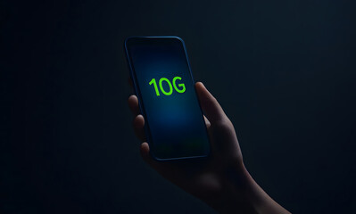 A hand holding telephone an against a black background, with glowing green 10 G text inside a blue chat box floating above the screen, symbolizing futuristic mobile communication concept