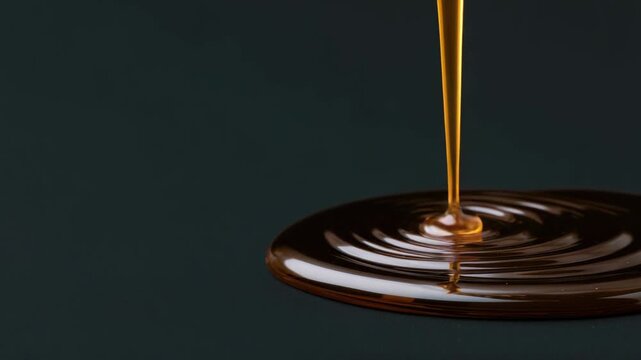 Golden liquid drips gracefully, creating mesmerizing ripples on dark surface