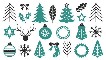 Teal and Black Scandinavian Christmas Icons:  Modern Minimalist Holiday Vector Graphics for Festive Designs.