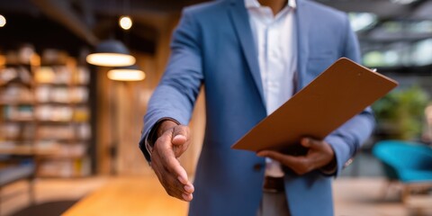The businessman extending a handshake in a modern office setting