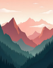 Minimalist illustration of a mountain landscape at sunset, serene and beautiful.
