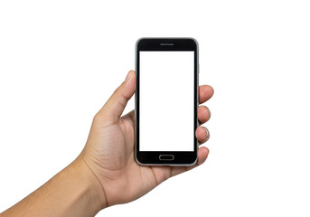 Hand holding a smartphone isolated on transparent background