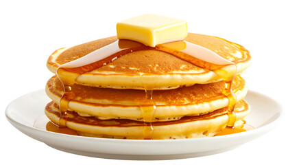 Stack of pancakes with butter and syrup, breakfast food concept on transparent background