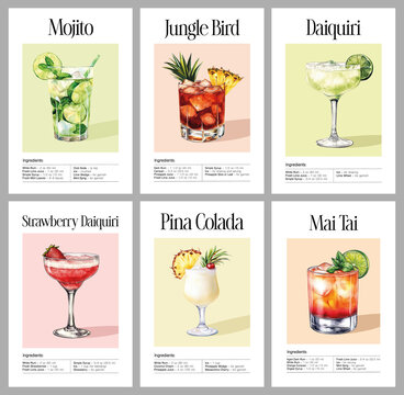 Rum Cocktail Poster Set of 6 &mdash; illustrated recipe prints featuring Mojito, Jungle Bird, Daiquiri, Strawberry Daiquiri, Pi&ntilde;a Colada, and Mai Tai. Vibrant tropical wall art for bar or kitchen