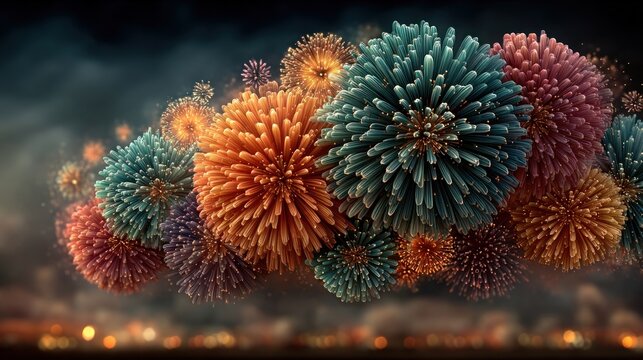 A vibrant display of tricolor fireworks lighting up the night sky.