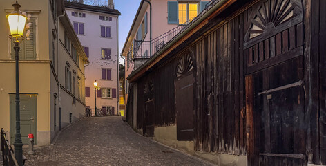 A dusk street scene in Zurich, Switzerland
