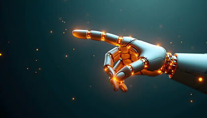 Naklejka premium A detailed robotic hand with glowing circuitry, pointing to the future