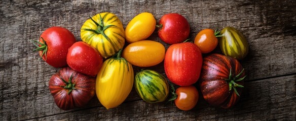 The vibrant assortment of assorted heirloom tomatoes on a rustic wooden surface
