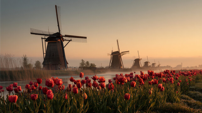 Windmills at Kinderdijk during sunrise with tulips