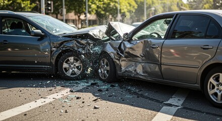 Devastating head on collision with two damaged vehicles exhibiting significant impact and shattered glass in a daytime urban environment