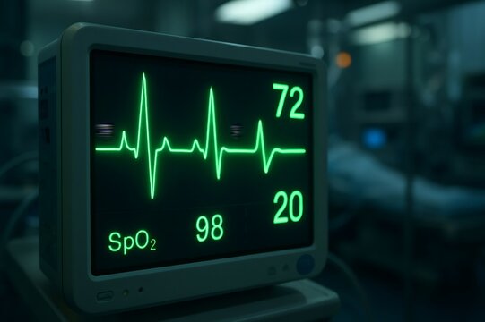 Glowing green heart rhythm display on a monitor indicates stable vital signs during a medical procedure