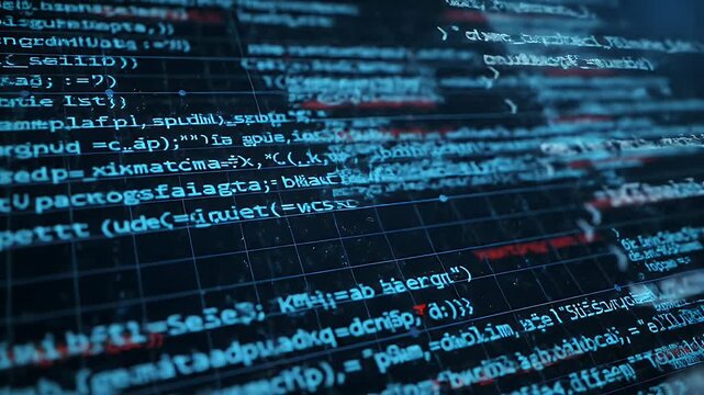 Abstract glowing blue computer code on a grid backdrop, lines and characters are angled from perspective