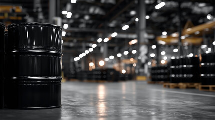 Perspective shot down endless aisles of black oil barrels with crisp white industrial markings, fluorescent lights buzzing overhead, the atmosphere filled with the scent of oil and