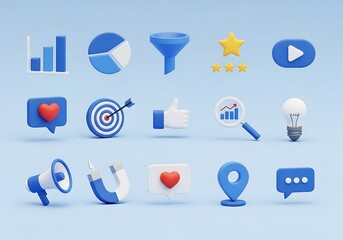 3d illustration of marketing strategy icons representing business growth and social media management for online promotion and customer engagement