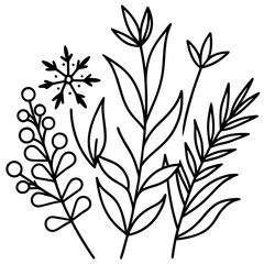Fototapeta premium Minimalist botanical elements in elegant line art — leaves, branches, and wildflowers — black ink vector strokes, natural flow, hand-drawn look, isolated on white background1